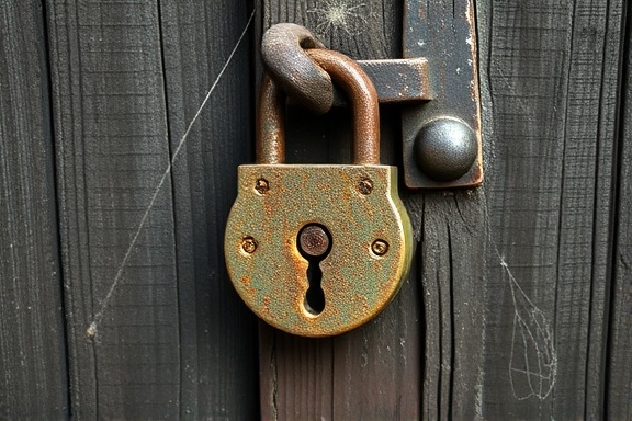 rustic doorlock, weathered metal, locked securely, photorealistic, against a wooden barn door, highly detailed, with rust texture and spider webs, macro lens focus, earthy tones, shadowed lighting, shot with a 100mm macro lens