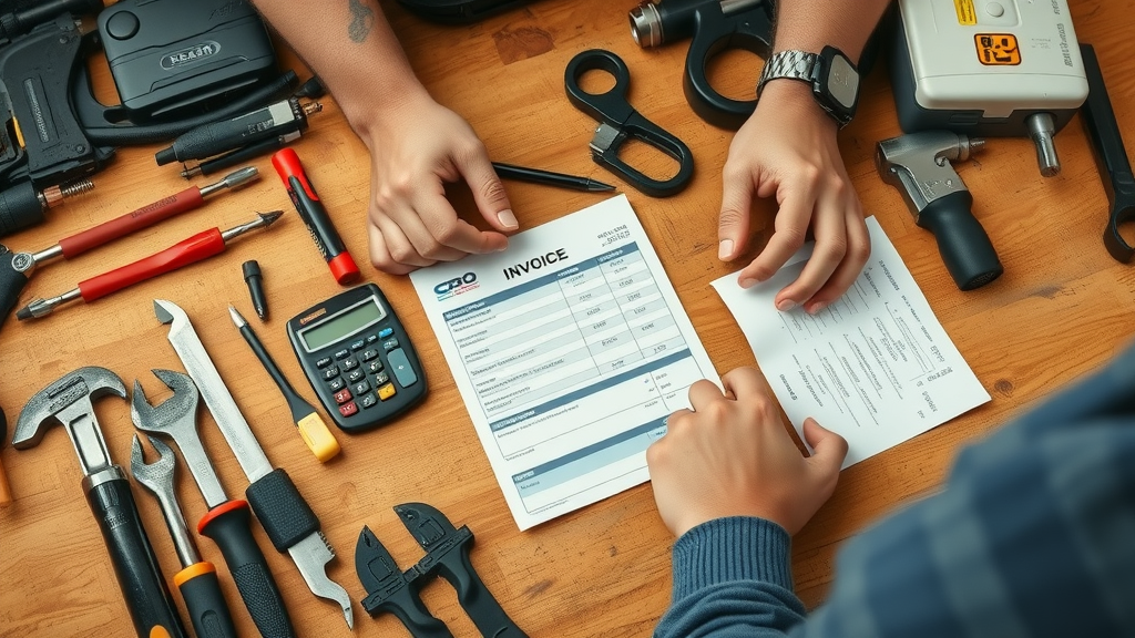 Organized workspace with garage door repair tools and a repair invoice—garage door opener repair cost preparation.