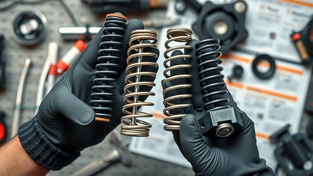 Close-up of gloved hands holding different types of garage door springs in a technical workspace.