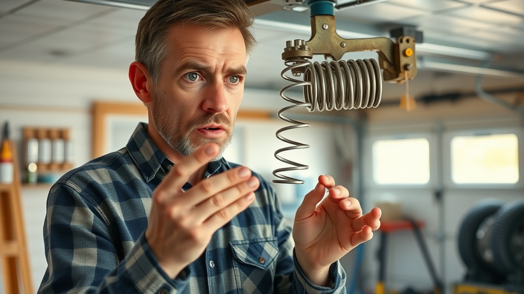 Cautious homeowner examining a visibly damaged garage door spring in a suburban garage interior, with highlighted spring coils and natural daylight.