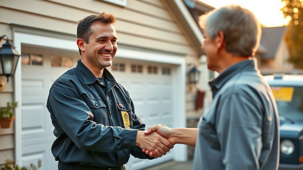 Smiling uniformed garage door repair technician shaking hands with a happy homeowner, garage and company van in background.