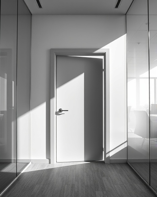 modern doorway, minimalist design, slightly ajar, photorealistic, in a sleek office space with glass walls, highly detailed, sunlight streaming through, high dynamic range, monochrome, natural lighting, shot with a wide-angle lens