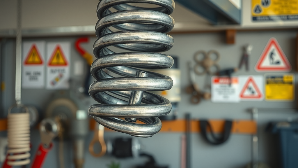 Detailed close-up of a tense metallic garage door torsion spring, with workshop wall hardware and warning signage.