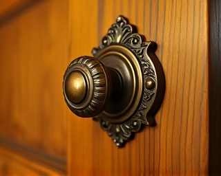 vintage doorknob, ornate design, gleaming in the light, photorealistic, on an oak door of an old mansion, highly detailed, with reflections and engravings, high-resolution clarity, brass color, warm candlelit glow, shot with an 85mm prime lens