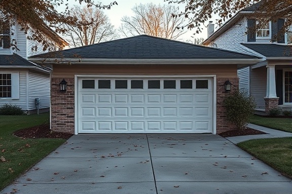 modern opener garage, welcoming, opening slowly, photorealistic, suburban neighborhood with well-maintained lawns, highly detailed, leaves rustling in the breeze, intricate shadows on the ground, muted greens and browns, backlit by evening sun, shot with a wide-angle lens.