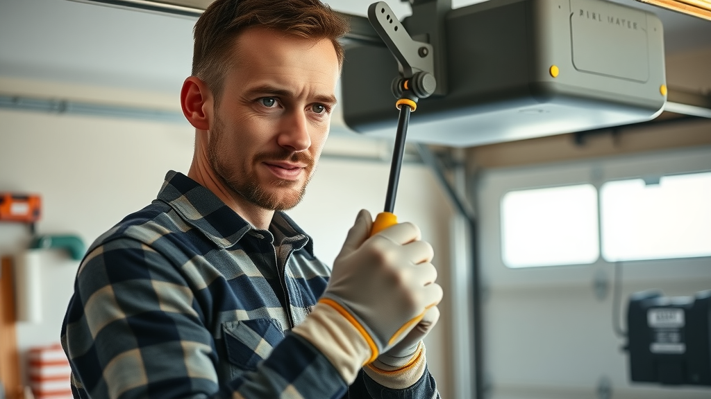 Confident homeowner safely using a screwdriver to repair a garage door opener—DIY garage door opener repair in progress.