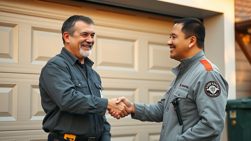 happy customer shaking hands with technician after same day garage door repair