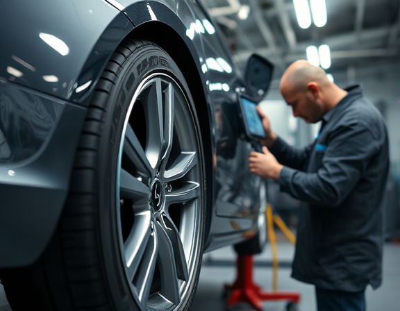 high-tech opener fix, focused, being repaired by a technician, photorealistic, modern automotive repair shop with digital tools, highly detailed, slight wheel rotations, smooth metal surfaces, cool blues and grays, fluorescent lighting, shot with a zoom lens.