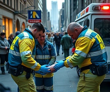 vigilant emergency medical team, coordinated, performing CPR in the field, photorealistic, a busy urban street with onlookers, highly detailed, flashing ambulance lights, macro shot, natural daylight, intense blue and yellow, shot with a 35mm lens