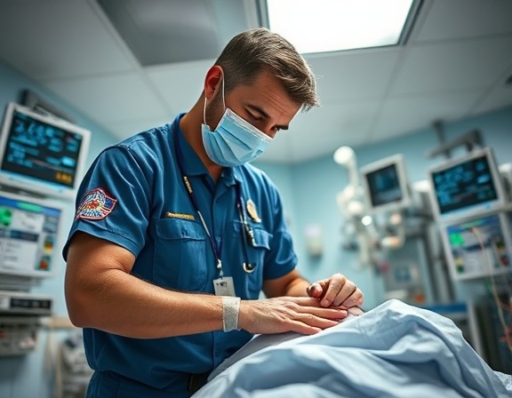 dedicated emergency responder, focused, administering aid to a patient, photorealistic, inside a modern hospital room with advanced equipment, highly detailed, ambient medical monitors and beeping sounds, sharp focus, bright white and blue, overhead fluorescent lighting, shot with a macro lens