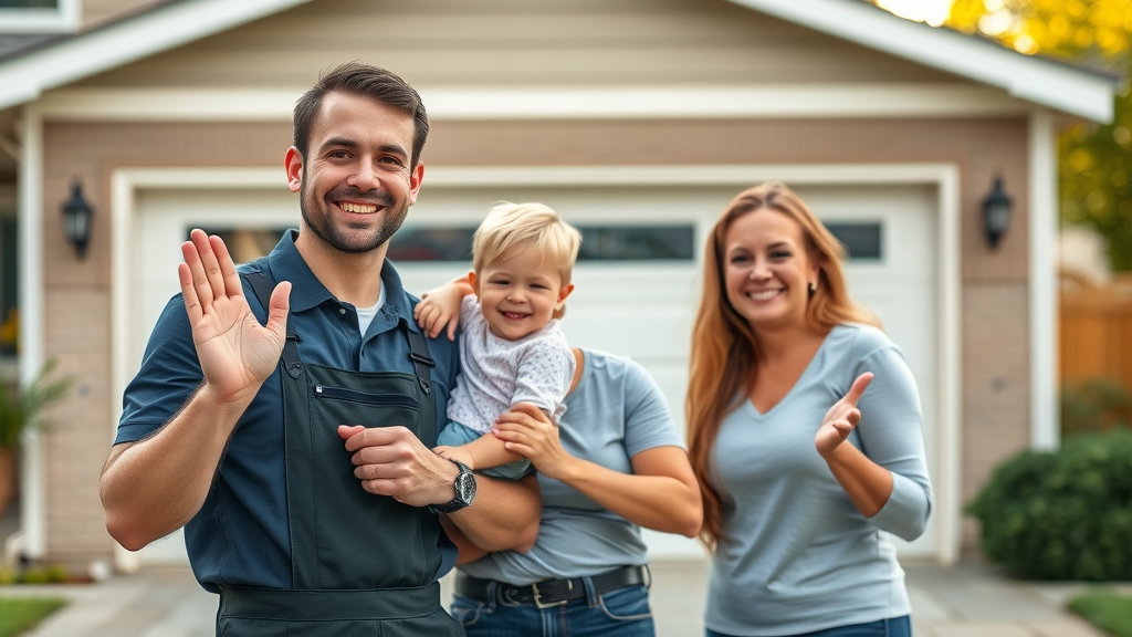 Relieved family and professional technician standing beside a safe and functional garage door at a cheerful suburban home.