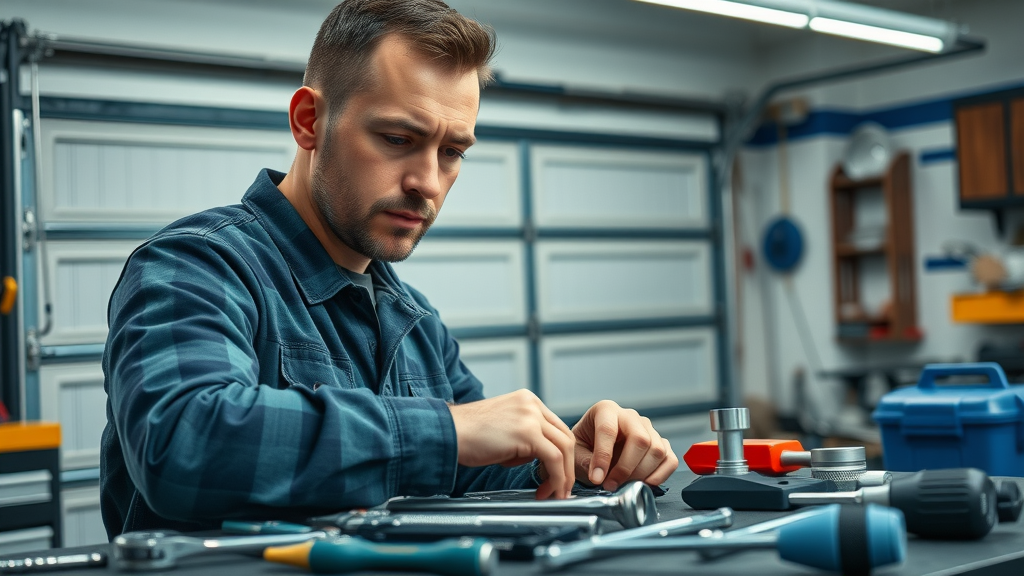 Organized set of professional garage door repair tools prepared for safe garage door spring replacement, with technician in tidy workshop.