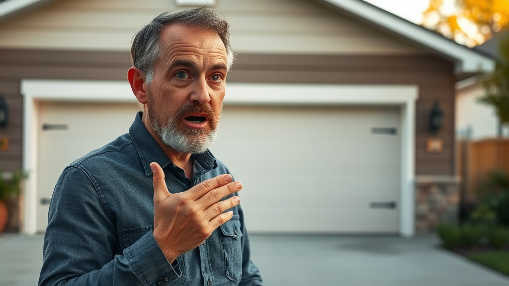 concerned homeowner examining a stuck garage door same day garage door repair