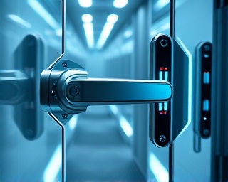 futuristic doorhandle, sleek and high-tech, mounted on a glass door, photorealistic, in a sci-fi spaceship corridor, highly detailed, LED indicators and touch screen elements, ultra-sharp detail, silver and blue hues, artificial fluorescent lighting, shot with a 24mm lens