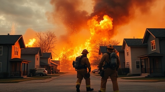 brave emergency fire crew, determined, battling a massive blaze, photorealistic, a suburban neighborhood with smoke rising, highly detailed, flying sparks and smoke, wide-angle view, fiery orange and black, golden hour lighting, shot with a wide-angle lens
